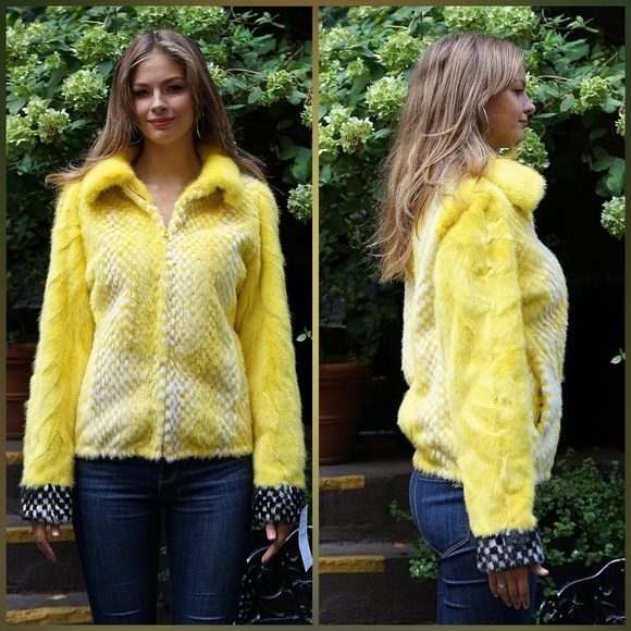 Yellow White Mink Jacket Checker Board - Picture 2 of 4